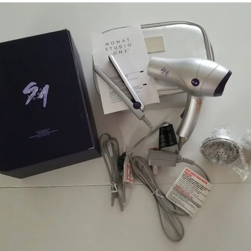 Limited Edition Monat Travel Hot Tools, NIB Silver. Folding dryer, straightener.